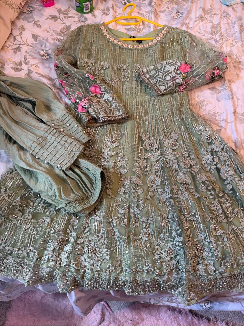 Embellished Sage Green Kids Dress with Floral Accents